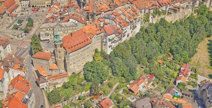 Old City of Fribourg, Switzerland, in ultra high-def 3D model by Uzufly. Orange-red roofs, stone buildings, green bell tower, green trees, yellow markings on roads.