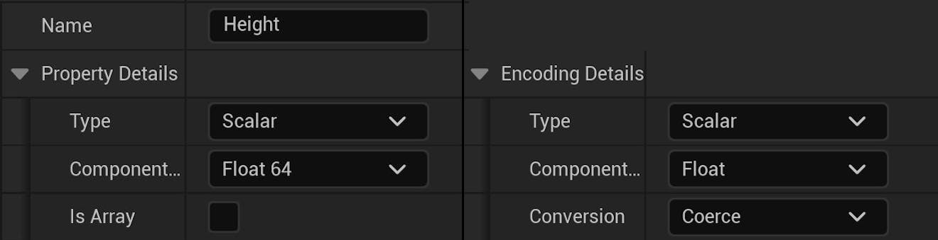 Cesium for Unreal tutorial: Visualize Mesh Features and Metadata. The property and encoding details of “Height” shown side by side.