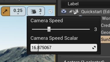 Screenshot of the camera speed control in the editor viewport of Unreal Engine