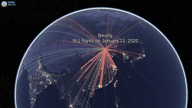 Image of the world centered on Beijing, with lines indicating the flights to and from the city prior to the beginning of the international lockdown due to COVID-19