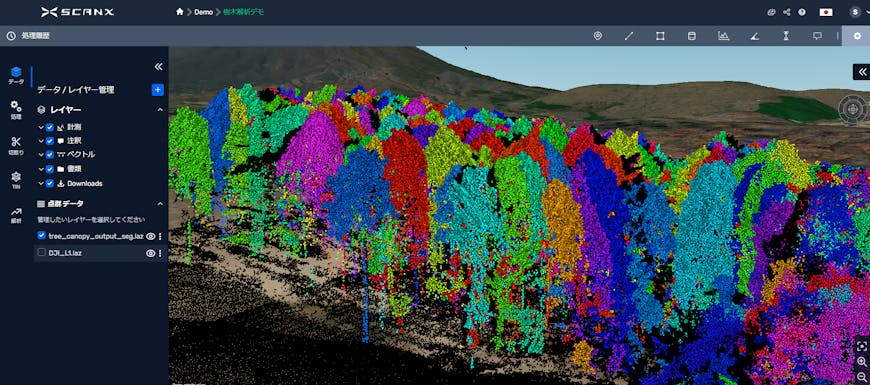 Point cloud of trees, with different colors representing height and other features