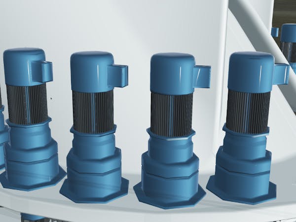 3D model of blue turbines on an assembly line. The tiler preserves materials and geometry of the design model.