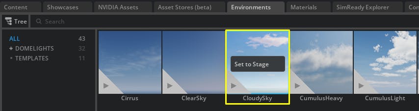 Cesium for Omniverse Dynamic Skies and Sun Study tutorial: In the Environments tab, right click on CloudySky and click Set to Stage. A new sky should appear within the stage. 
