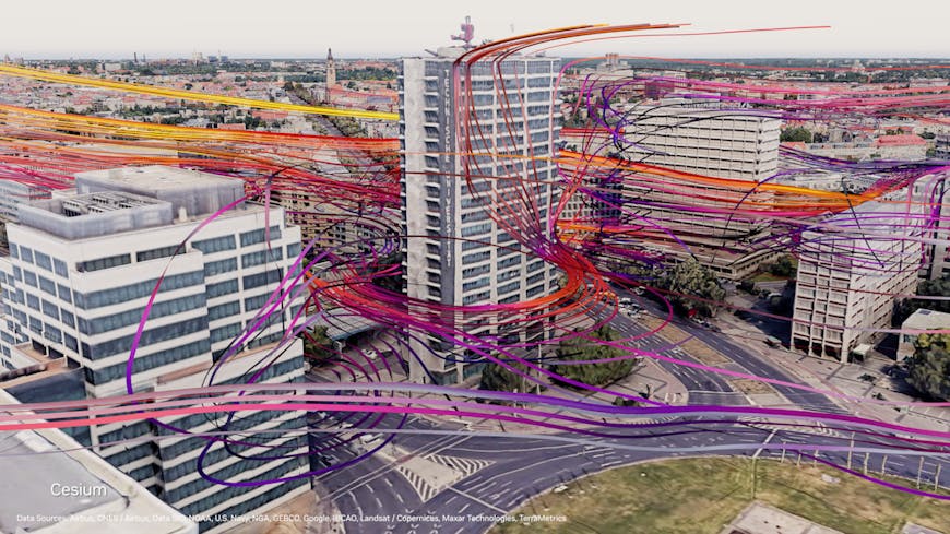 Wind paths in Berlin, Germany, in Cesium for Omniverse—Earth-2 demo at Berlin Summit for EVE. Courtesy NVIDIA.