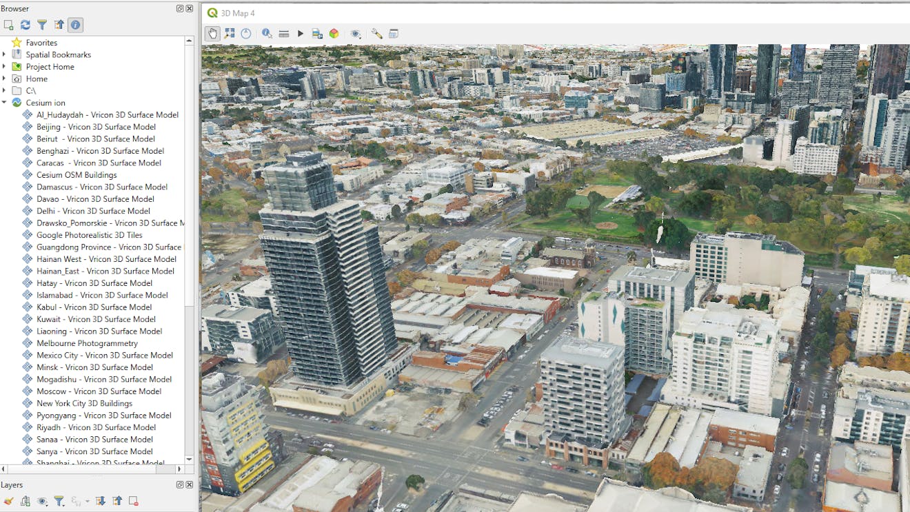 3D Tiles now supported in QGIS: Melbourne, Australia, via Cesium ion in QGIS.