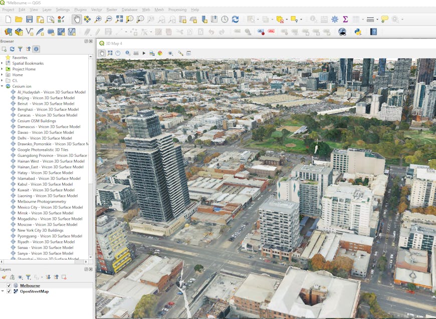 3D Tiles now supported in QGIS: Melbourne, Australia, via Cesium ion in QGIS.