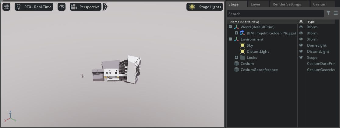 Cesium for Omniverse/Revit tutorial: Your Revit content should now be loaded in the stage. However, it will not be visible as the Revit connector exports it at its accurate, shared coordinates location. In this case, it is located at its real-world UTM easting and northing. Press F to zoom extents.