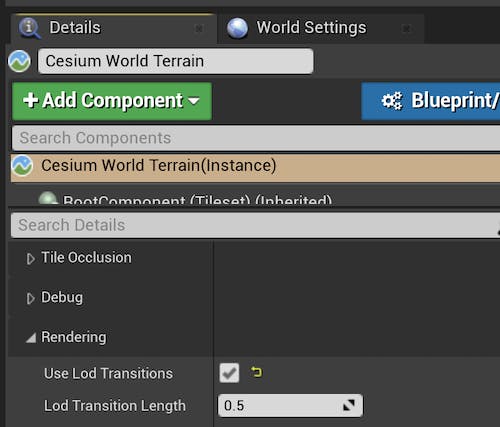 Menu showing LOD transition options in Cesium for Unreal