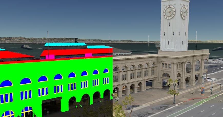 Street level photogrammetry of San Francisco Ferry Building from Aerometrex. Left: per-texel colors showing the feature classification, e.g., roof, sky roof, windows, window frames, and AC units . Right: classification is used to determine rendering material properties, e.g., make the windows translucent.