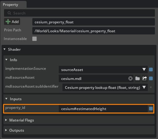 Cesium for Omniverse: Style by Properties. Select a Cesium property lookup float node from the list and drag it into the material graph. Select the node and set property_id to cesium#estimatedHeight. This node will read the corresponding property table value from the tileset and provide it to the material as a float. Do not connect this node to any others yet.