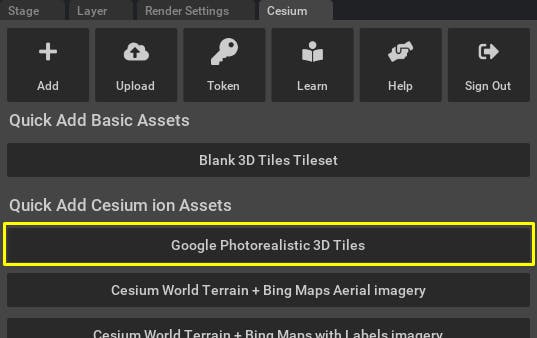 Cesium for Omniverse tutorial: From the Cesium window, add Google Photorealistic 3D Tiles by clicking the corresponding button.