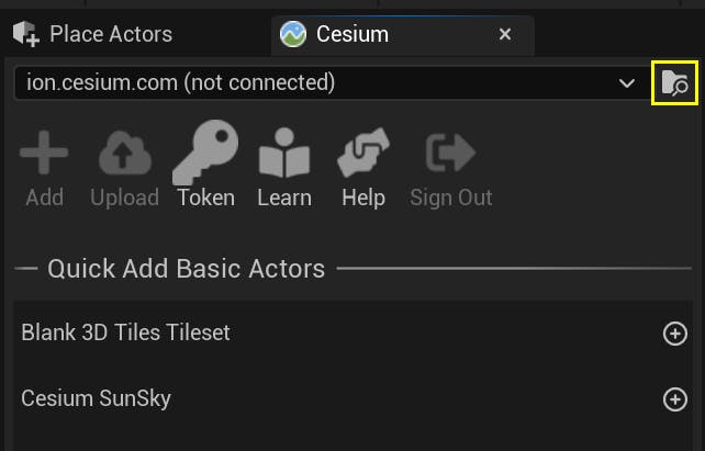 A screenshot of the Cesium panel with the button to browse the Cesium ion servers highlighted.