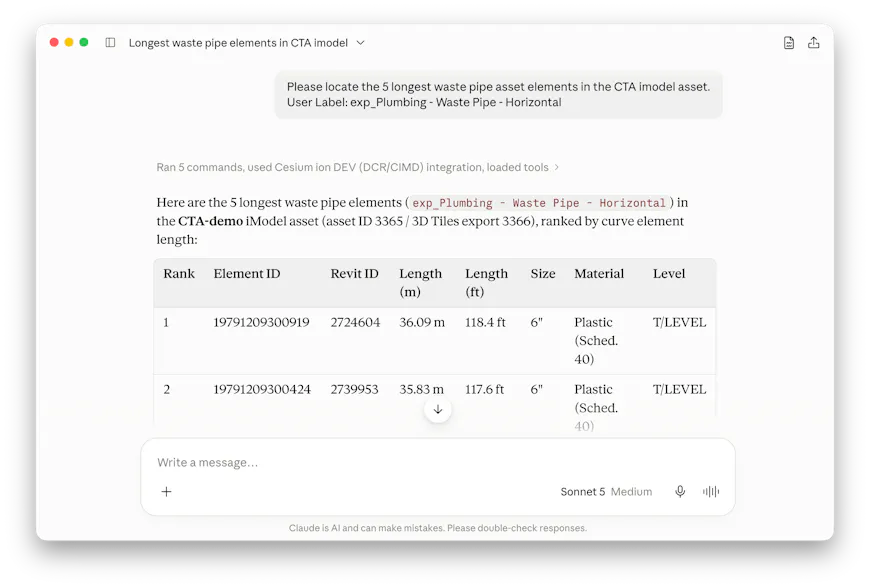 An agent chat showing element query alonside the list of returned assets