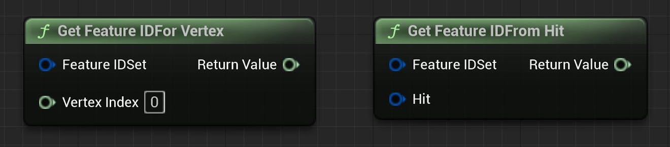 Cesium for Unreal tutorial: Upgrade to 2.0 Guide. Two Blueprint nodes called Get Feature ID For Vertex and Get Feature ID From Hit, each accepting a feature ID set parameter.