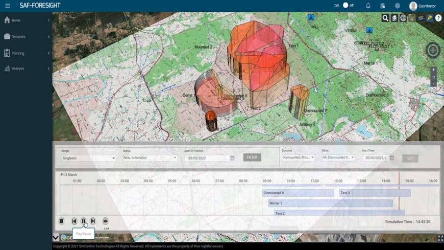 3D range danger area templates with various distances, angles, and heights on accurate terrain and scheduled in SAF-Foresight app