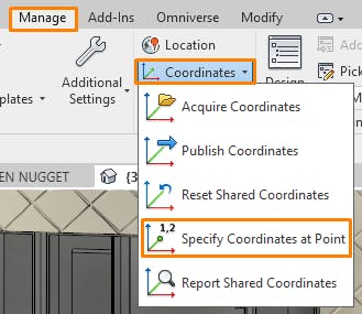 Cesium for Omniverse/Revit tutorial: This model does not have an accurate survey point configured. One can be made by clicking Manage > Coordinates > Specify Coordinates at Point. 