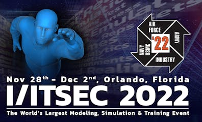 Blue simulated person running toward viewer. Text says November 28 through December 2, Orlando, Florida. I/ITSEC 2022. The World's Largest Modeling, Simulation, and Training Event.