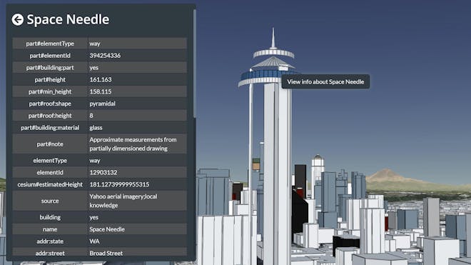 The Cesium OSM Buildings model of the Seattle Space Needle with its 3D Tiles properties displayed