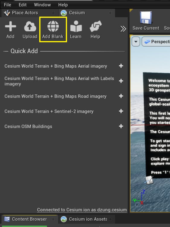 The Cesium for Unreal Editor with the Add Blank button highlighted