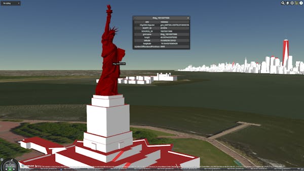 Statue of Liberty from New York City DoITT CityGML, displayed with per-feature metadata in CesiumJS.