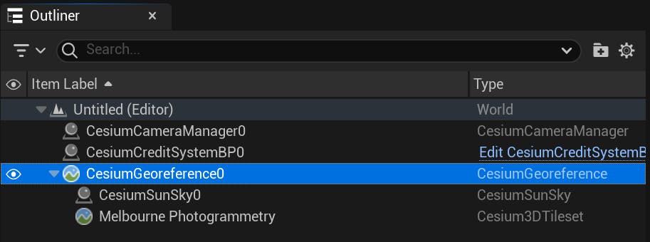 A screenshot of the Outliner showing the CesiumGeoreference0 is selected.