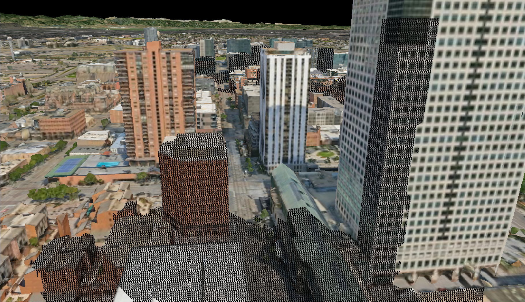 A city in Unreal Engine during a dithered LOD transition