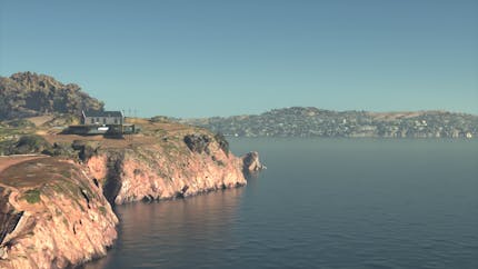 Autodesk Revit design model georeferenced in Cesium for Omniverse. Image shows a house atop waterfront hills.