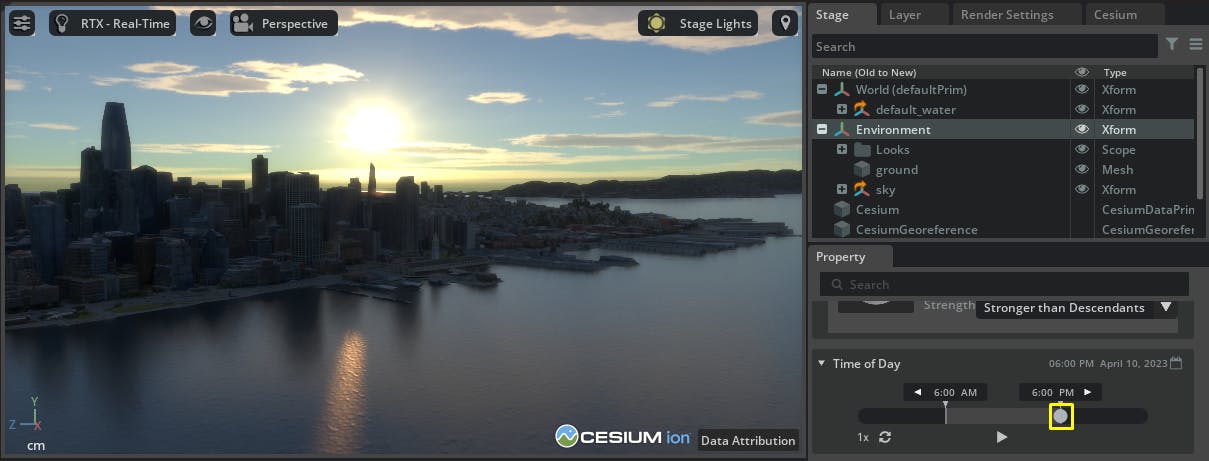 Cesium for Omniverse Dynamic Skies and Sun Study tutorial: Adjust the Time of Day slider to 6 p.m. and confirm the afternoon sun is to the west of San Francisco.