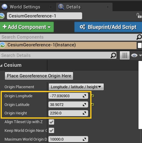 Screenshot of the CesiumGeoreference actor configuration dialog in Unreal Engine with location fields highlighted