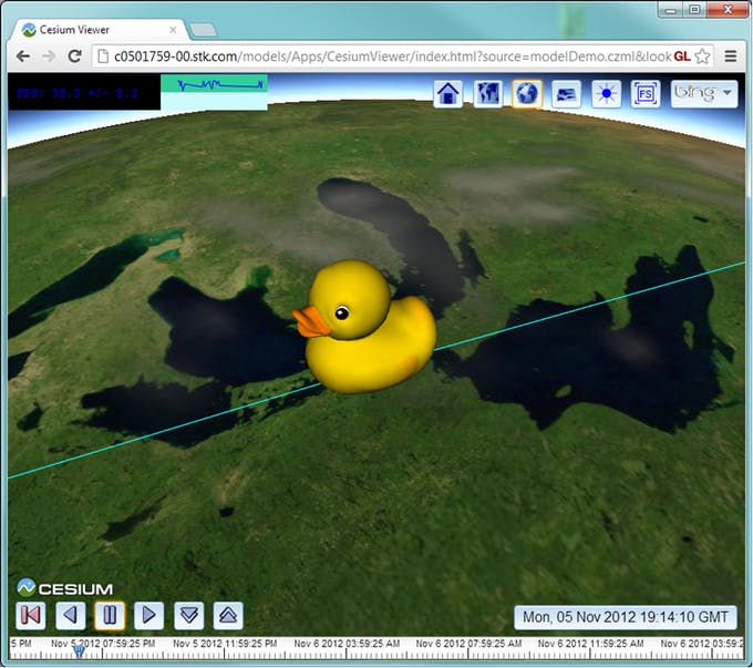 COLLADA duck model, converted to glTF and placed in the orbit of the International Space Station around Earth, screenshot circa 2012