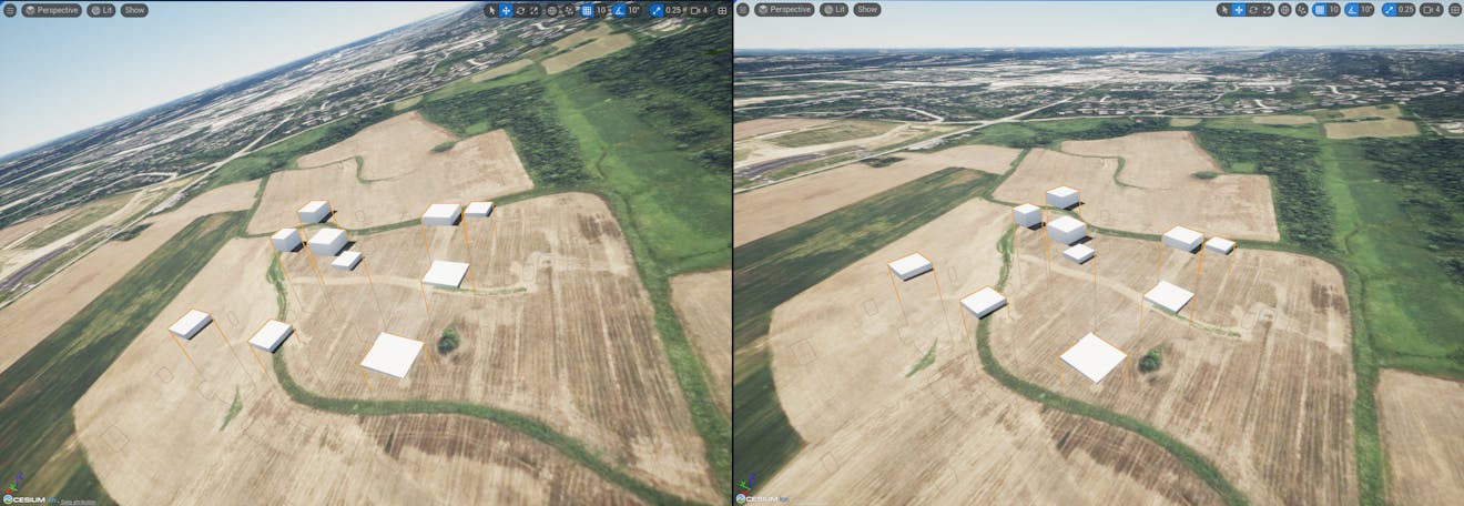 A screenshot showing a locally-loaded tileset in a field before and after setting the georeference origin to fix the orientation.