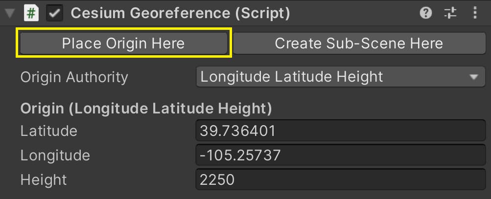 In the Inspector window, locate the Cesium Georeference component and click Place Origin Here.