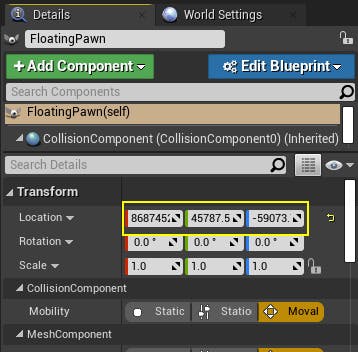 Screenshot of the FloatingPawn actor configuration dialog in Unreal Engine