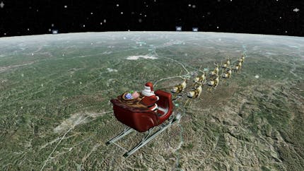 3D model of Santa, his red sleigh, and eight reindeer flying over green, gray, and brown terrain in CesiumJS in the NORAD Tracks Santa app. The scene includes snowflakes and a dark sky.