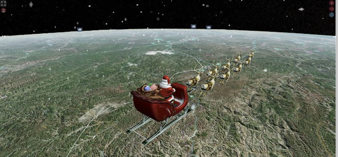 3D model of Santa, his red sleigh, and eight reindeer flying over green, gray, and brown terrain in CesiumJS in the NORAD Tracks Santa app. The scene includes snowflakes and a dark sky.