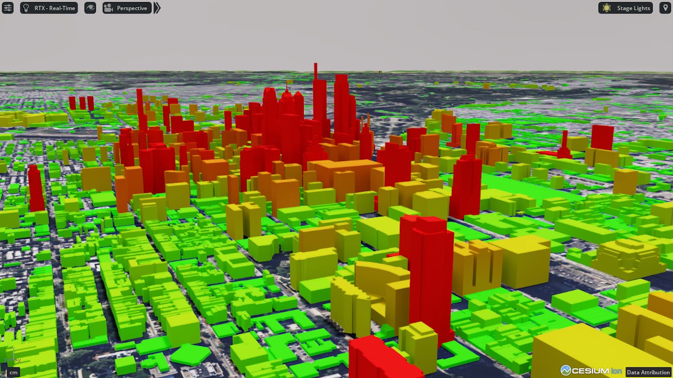 Cesium for Omniverse: Style by Properties. Your tileset should reload with the custom material. Cesium OSM Buildings should now be shaded based on their heights.