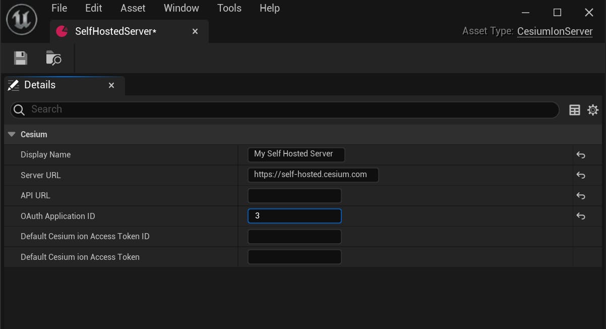 A screenshot showing the CesiumIonServer asset settings configured for a self-hosted server.