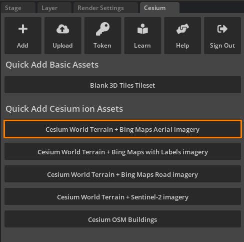 Cesium for Omniverse McNeel Rhino tutorial: From the Cesium window, add Cesium World Terrain + Bing Maps Aerial imagery to the stage.