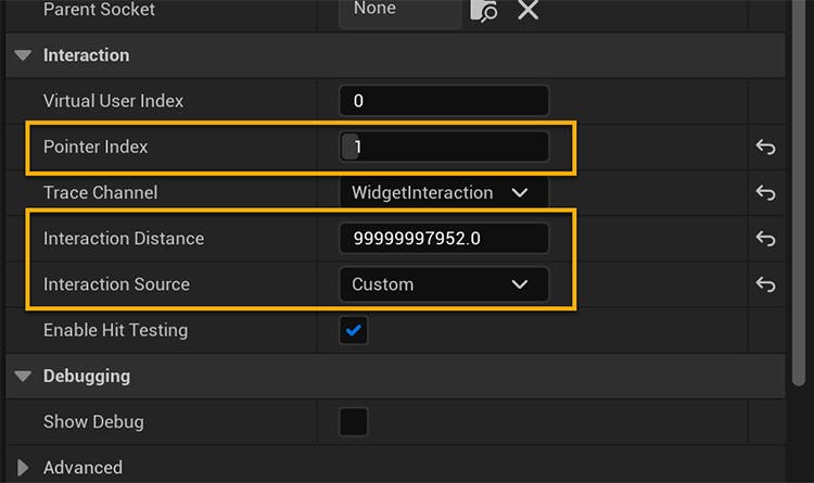 Settings for the widget interaction component. (Pointer index 1 set for right hand)