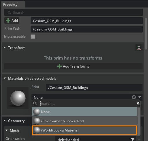 Cesium for Omniverse: Style by Properties. Select the Cesium_OSM_Buildings prim, and under the Materials on selected models section of the property window, assign the new material.