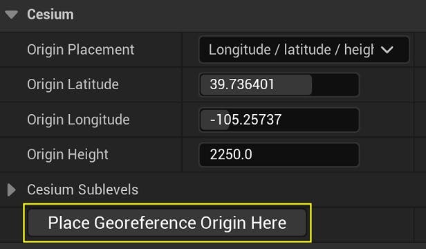 You can also change the georeference origin by navigating to the desired location with the Editor camera, then clicking Place Origin Here on the CesiumGeoreference.