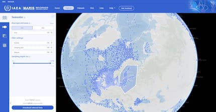 A screenshot of the Maris web site, showing the globe with blue dots in water to represent locations of seawater samples, and a form for filtering what's displayed. An irregular shape covering part of northern Europe has been selected by the user. 