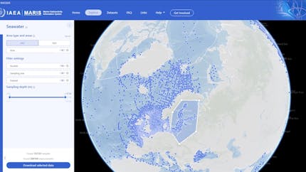 A screenshot of the Maris web site, showing the globe with blue dots in water to represent locations of seawater samples, and a form for filtering what's displayed. An irregular shape covering part of northern Europe has been selected by the user.