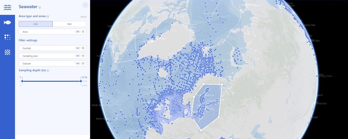 A screenshot of the Maris web site, showing the globe with blue dots in water to represent locations of seawater samples, and a form for filtering what's displayed. An irregular shape covering part of northern Europe has been selected by the user.