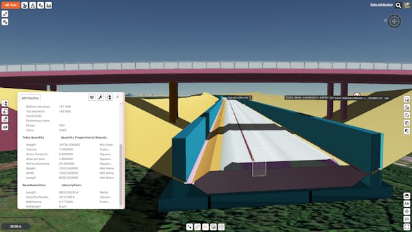 BIM for railroads, showing locations and materials in different colors. This track is under an overpass.