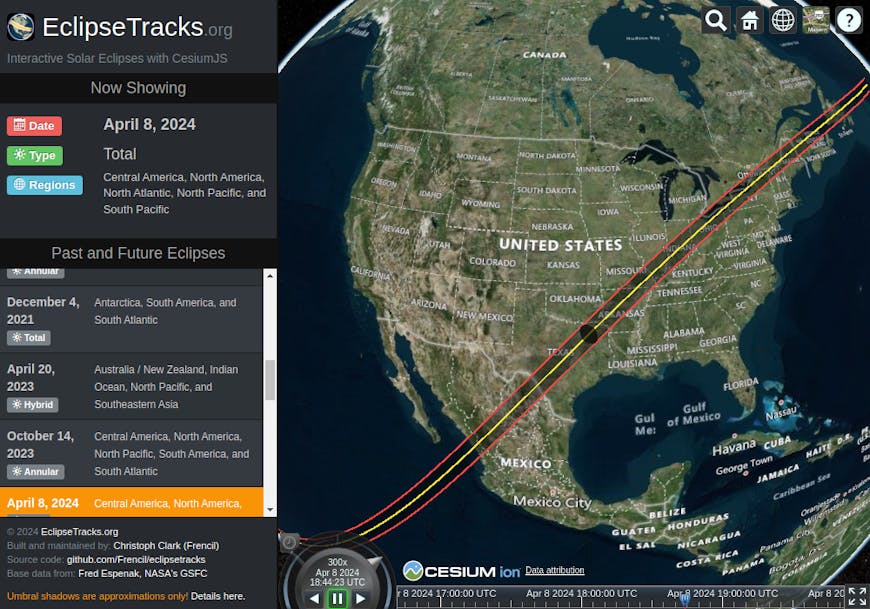 Line across North America showing the path of totality in the April 2024 solar eclipse