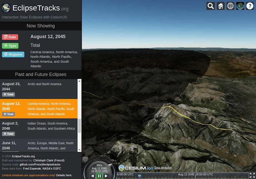 Shadow over mountainous terrain in Colorado showing path of totality in the April 2024 solar eclipse