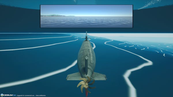 A model of a submarine under the surface of the ocean and with an inset of what can be seen with the submarine periscope, visualized with Cesium for Unreal.
