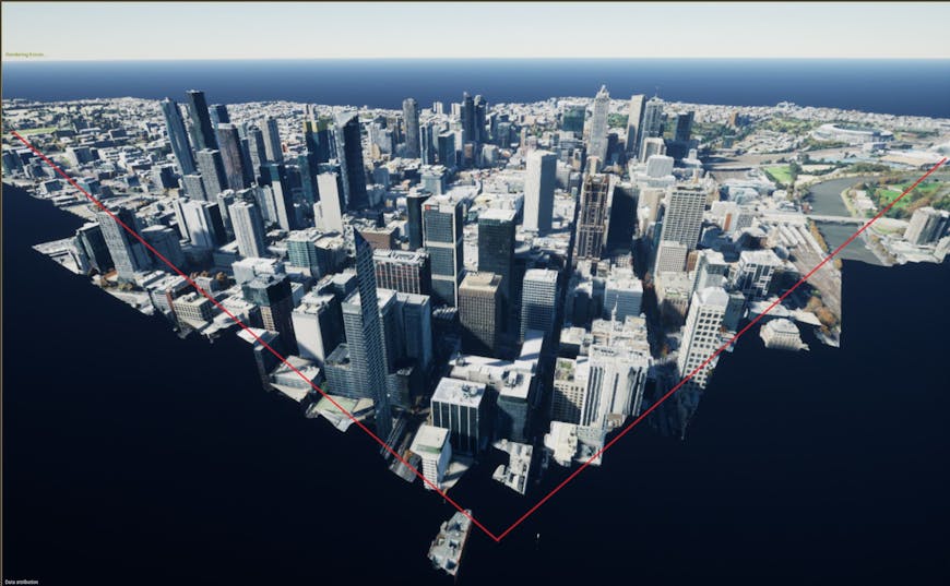 Fig 2.2: Here, the camera view from Fig 2.1 is frozen and the scene is viewed from above. The red lines roughly indicate the position and field-of-view of the frozen camera. This is how the scene looks with only frustum culling and no occlusion culling - 192 primitives are being rendered. Note that a tile may have multiple primitives.