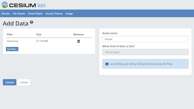 The Cesium ion user interface form for uploading and tiling 3D data, showing the upload details for a point cloud